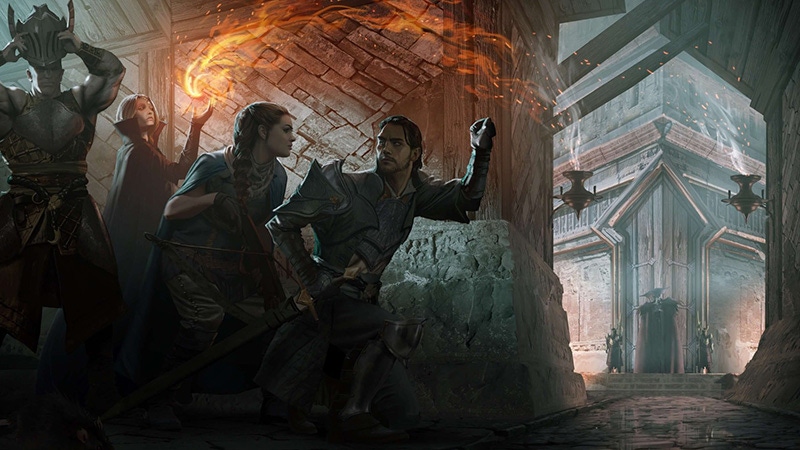 Promotional art for Dragon Age Dreadwolf. Four fantasy warriors gather at a corner, preparing to assault enemies.