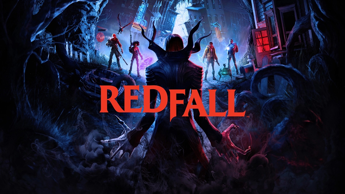 Key artwork showing the Redfall logo flanked by four of the title's playable characters and a vampire Key artwork showing the Redfall logo flanked by four of the title's playable characters and a vampire