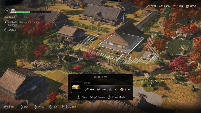 An image showing Assassin's Creed Shadow's base builder mode. The player can place objects and houses on a grid. An image showing Assassin's Creed Shadow's base builder mode. The player can place objects and houses on a grid.