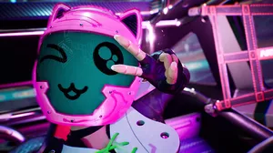 A Destruction AllStars character wearing a pink helmet with a digital screen displaying an anime-style pixelated smile A Destruction AllStars character wearing a pink helmet with a digital screen displaying an anime-style pixelated smile