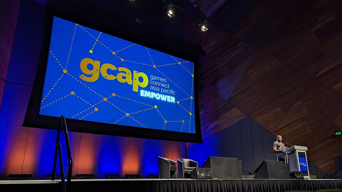 A screenshot of a keynote speech at Australian conference GCAP 2023 A screenshot of a keynote speech at Australian conference GCAP 2023