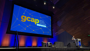 A screenshot of a keynote speech at Australian conference GCAP 2023