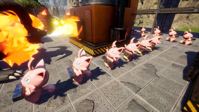 Cute Pals haul iron ingots through a foundry in Palworld. Cute Pals haul iron ingots through a foundry in Palworld.