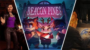 Key art from Beacon Pines, Pentiment, and Marvel's Midnight Suns.