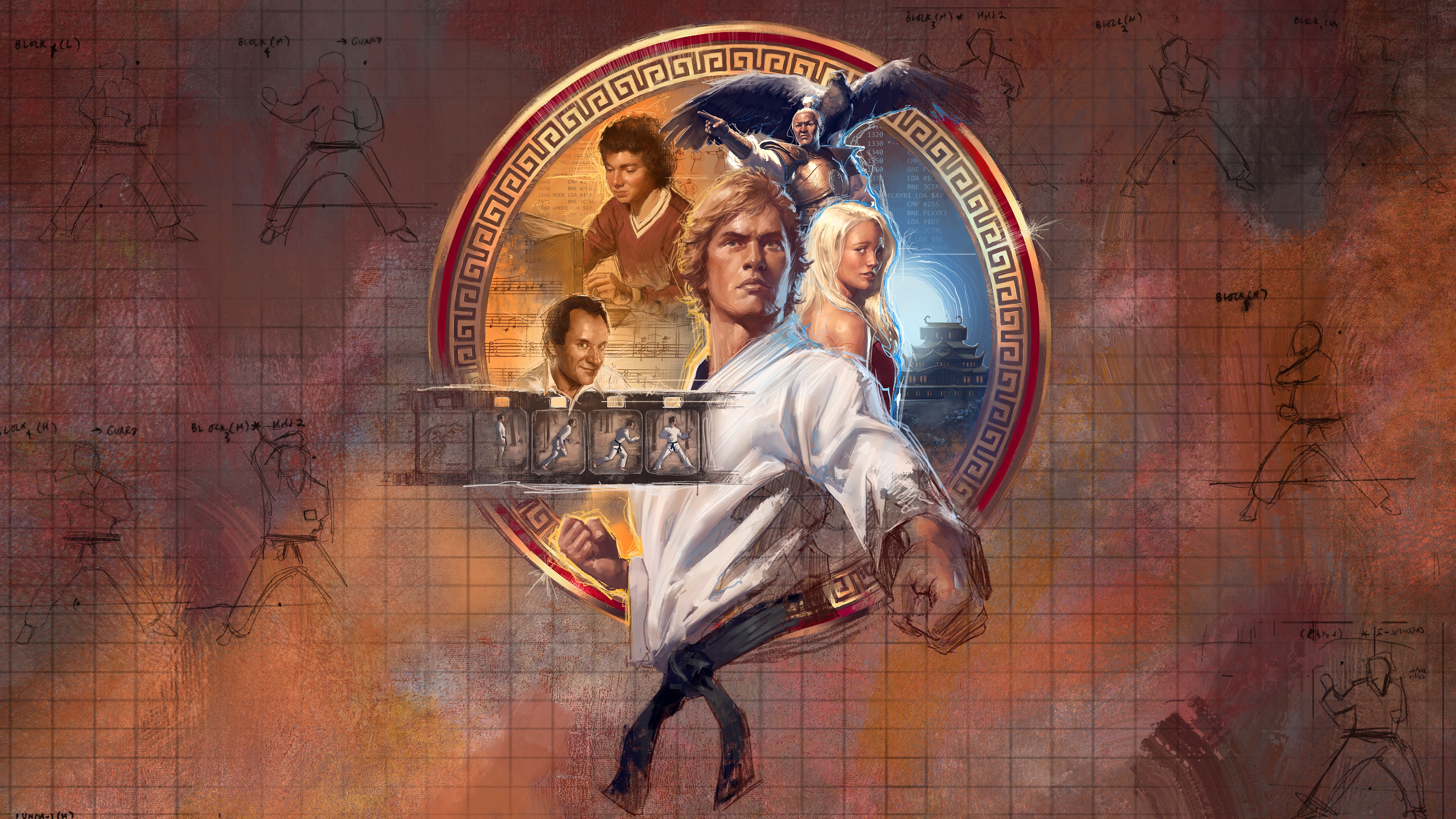 Key art for the making of Karateka, with characters, animation frames, and sketches