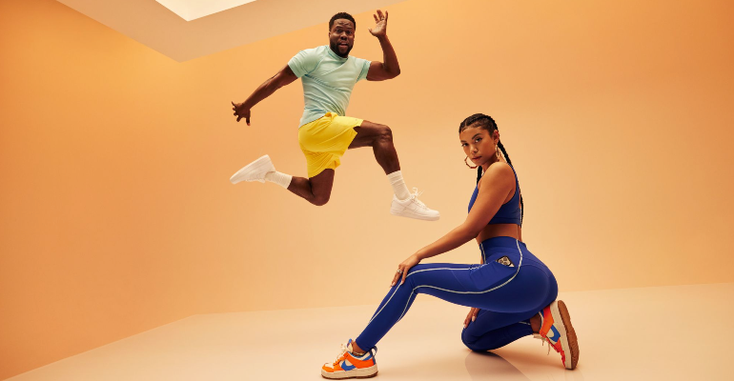A promotional image for the collaboration between Fabletics and Kevin and Eniko Hart