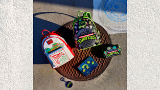 Backpacks, wallet, enamel pin and keychain from the TMNT Loungefly collection.