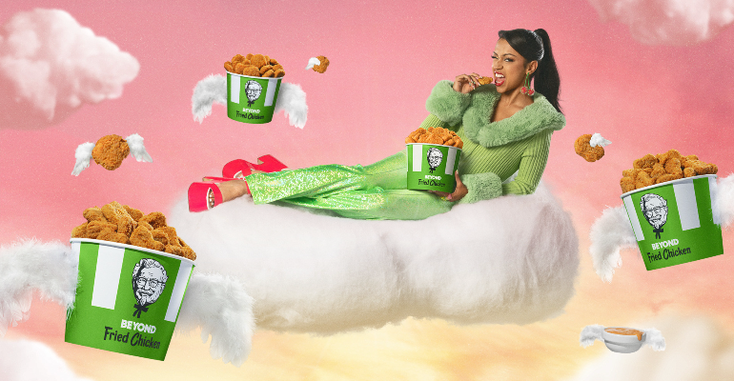 Liza Koshy sitting on a cloud, surrounded by KFC's new Beyond Meat Chicken Liza Koshy sitting on a cloud, surrounded by KFC's new Beyond Meat Chicken