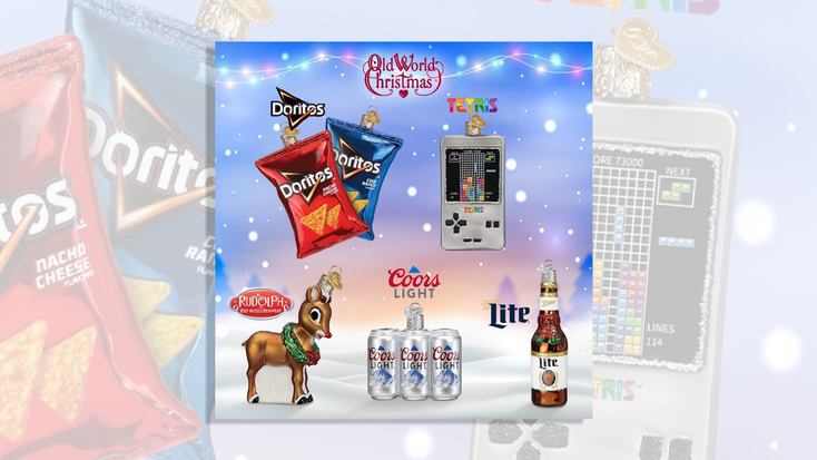 New ornaments from Old World Christmas, including Doritos, Miller Lite, Rudolph and more.