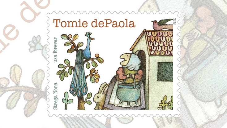 USPS stamp featuring artwork from “Strega Nona.” 