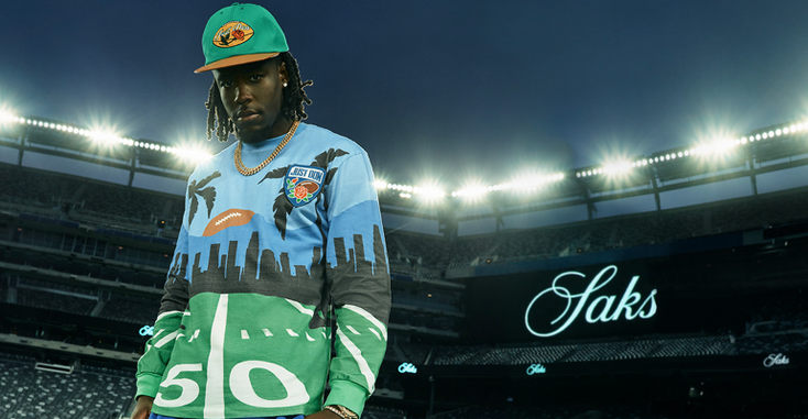 Denver Broncos wide receiver Jerry Jeudy wearing apparel from the Saks Game Day collections Denver Broncos wide receiver Jerry Jeudy wearing apparel from the Saks Game Day collections