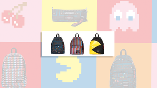 Three backpacks from the collection, featuring Pac-Man.