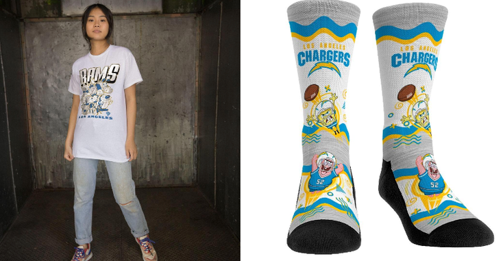 A model wearing pieces from the Nick, NFL collection including socks and t-shirts.