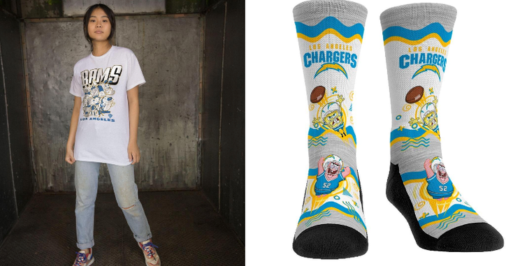 A model wearing pieces from the Nick, NFL collection including socks and t-shirts. A model wearing pieces from the Nick, NFL collection including socks and t-shirts.