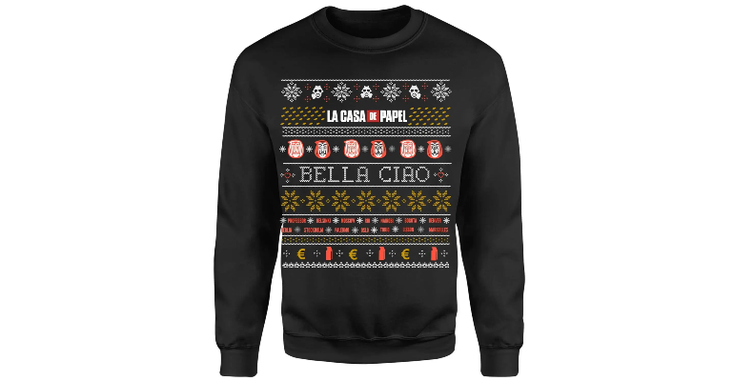 A crewneck from Zavvi's "Money Heist" collection, featuring themes from the show. A crewneck from Zavvi's "Money Heist" collection, featuring themes from the show.