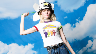Ribbed group ringer 'Teletubbies' white tee, Bioworld