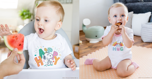 A baby wearing onesies from Spread Group's new collaboration with Peanuts