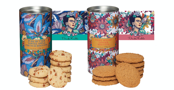 A new line of biscuts/cookies that feature two different designs with Frida Kahlo on the packaging