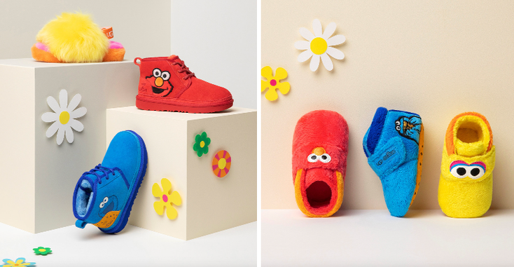 Shoes from the Sesame Street and Ugg collaboration, featuring Elmo, Cookie Monster and Big Bird