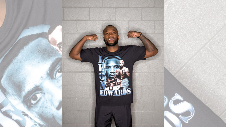 Leon “Rocky” Edwards in a T-shirt from the collection.
