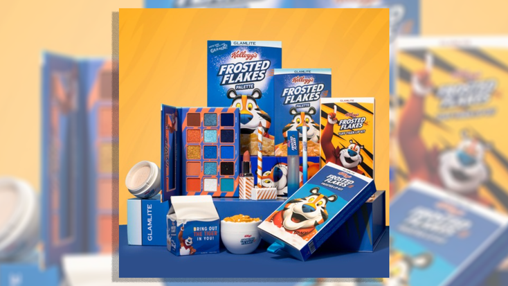 Items from the Frosted Flakes Glamlite collection, including an eyeshadow palette, highlighter and more.