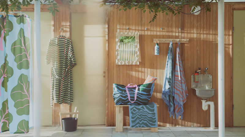 Traditional Nordic sauna, featuring products from the IKEA and Marimekko collection.