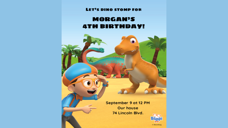 Example of a "Blippi" birthday invite design.