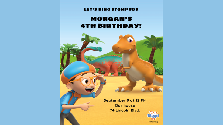 Example of a "Blippi" birthday invite design. Example of a "Blippi" birthday invite design.