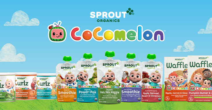 CoCoMelon Sprout products, which include squeezable smoothies, waffles and snacks 
