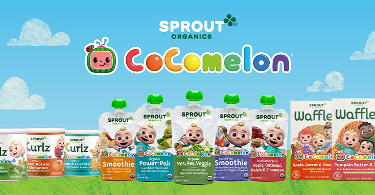 CoCoMelon Sprout products, which include squeezable smoothies, waffles and snacks CoCoMelon Sprout products, which include squeezable smoothies, waffles and snacks