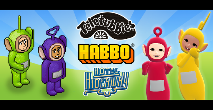 Stills from the 'Hotel Hideaway' and 'Habbo' "Teletubbies" collaboration, which include Tinky Winky, La La, Dipsy and Po.