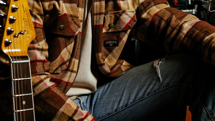 Brixton flannel jacket alongside a Fender Jaguar. Brixton flannel jacket alongside a Fender Jaguar.