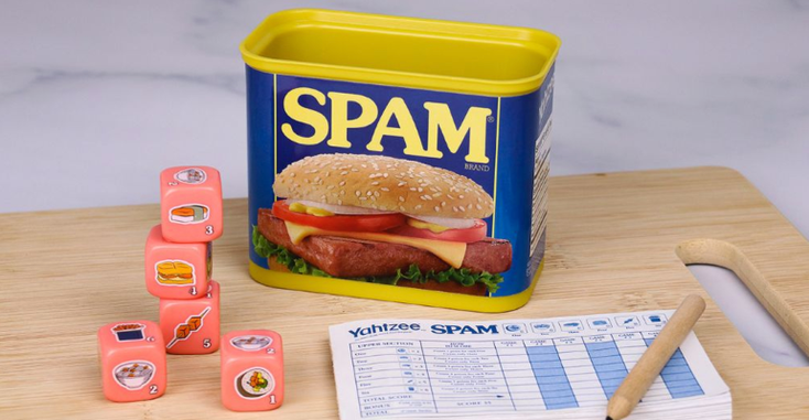 Spam Yahtzee, complete with spam-inspired dice. Spam Yahtzee, complete with spam-inspired dice.