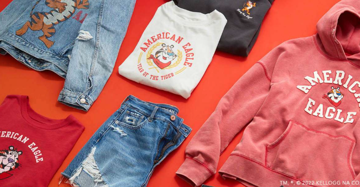 Pieces from the American Eagle x Tony the Tiger collection, which includes sweatshirts, T-shirts and a jean jacket