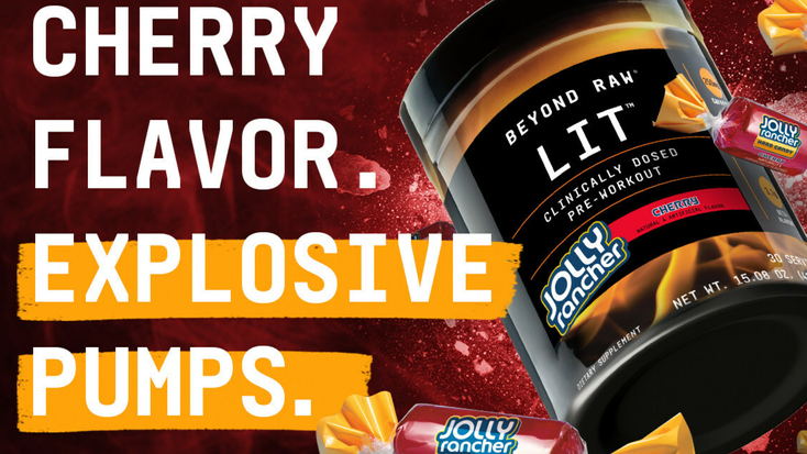 Beyond Raw LIT pre-workout in cherry Jolly Rancher flavor.