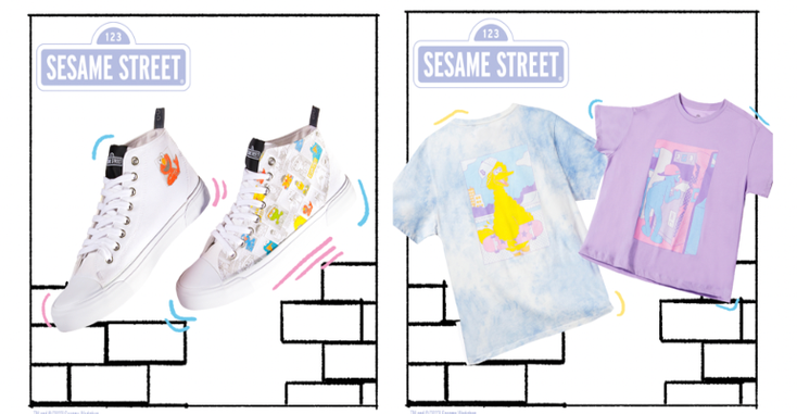 Two of the T-shirts and sneakers from the Very Neko and "Sesame Street" collaboration