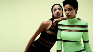 Dresses from the Mytheresa x Balmain collection, with transparent features.
