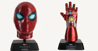 A Spider-Man mask replica and Iron Man glove replica from Hero Collector 