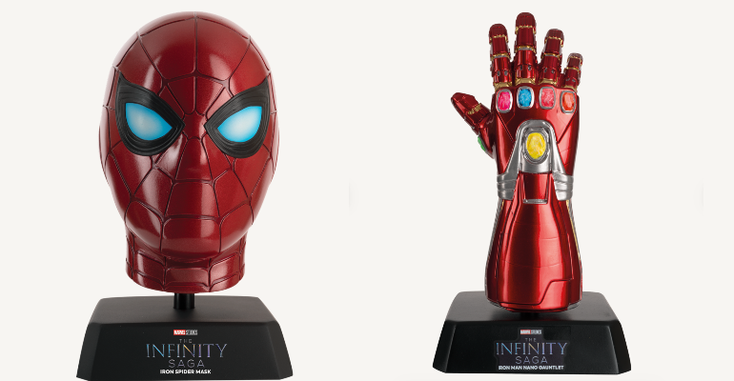 A Spider-Man mask replica and Iron Man glove replica from Hero Collector A Spider-Man mask replica and Iron Man glove replica from Hero Collector
