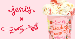 A promotional image for Jeni's Strawberry Pretzel Pie, created in partnership with Dolly Parton