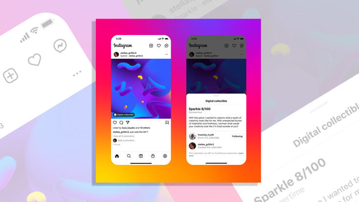 A mockup of what NFT-sharing will look like on the Instagram app. A mockup of what NFT-sharing will look like on the Instagram app.