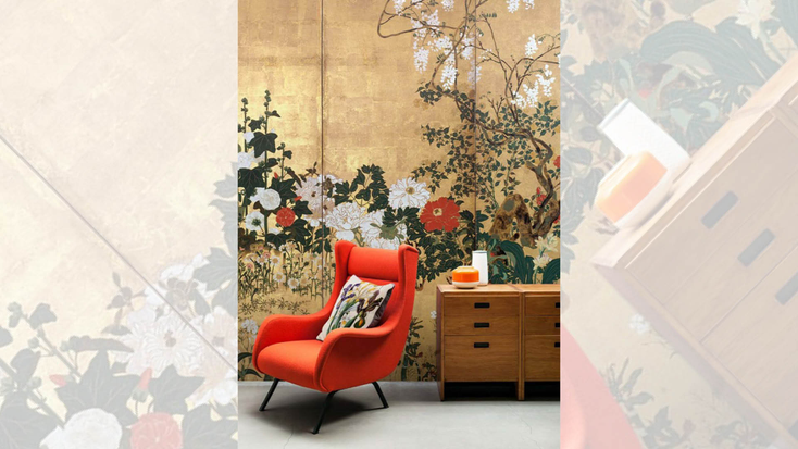 Wall coverings featuring Kinpaku-inspired artwork. Wall coverings featuring Kinpaku-inspired artwork.