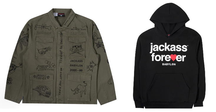 A "Jackass Forever" sweatshirt and jacket 