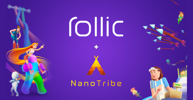 The Rollic and NanoTribe logos along with characters from their games