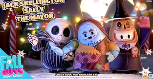 Characters from the new "Nightmare Before Christmas" Fall Guys collection, including Jack Skellington, Sally and The Mayor.