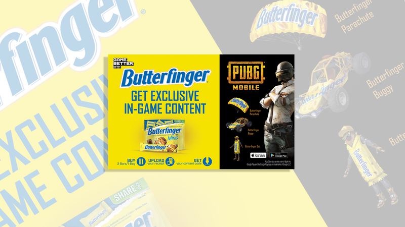 Promotional Image for the Butterfinger x Pubg Mobile collab, showcasing what players can receive in-game.
