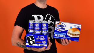 A six-pack of It Hits Different alongside a box of White Castle sliders.