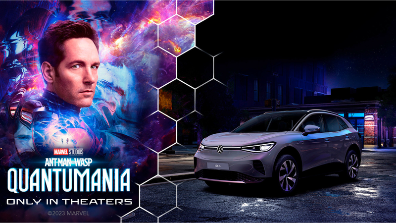 The Volkswagen ID.4 alongside Ant-Man. The Volkswagen ID.4 alongside Ant-Man.