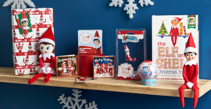 A line of 'Elf on the Shelf' products including books, wrapping paper, toys and playing cards. A line of 'Elf on the Shelf' products including books, wrapping paper, toys and playing cards.