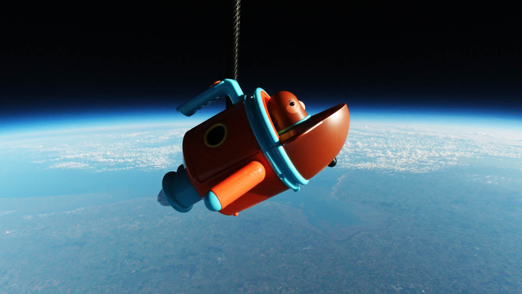The “Hey Duggee” Transforming Duggee Rocket Toy in space. 